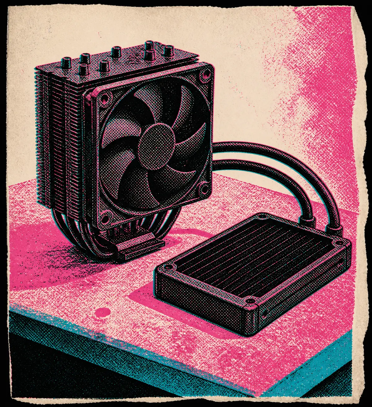 Een generieke zwarte processorkoeler staat naast een compacte radiator met slangen op een ruim werkblad.