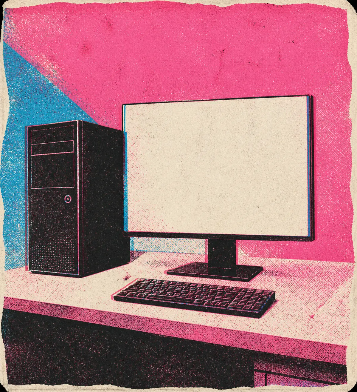 Een eenvoudige zwarte desktopkast staat naast een scherm en compact toetsenbord op een rustig bureau met veel lege ruimte.