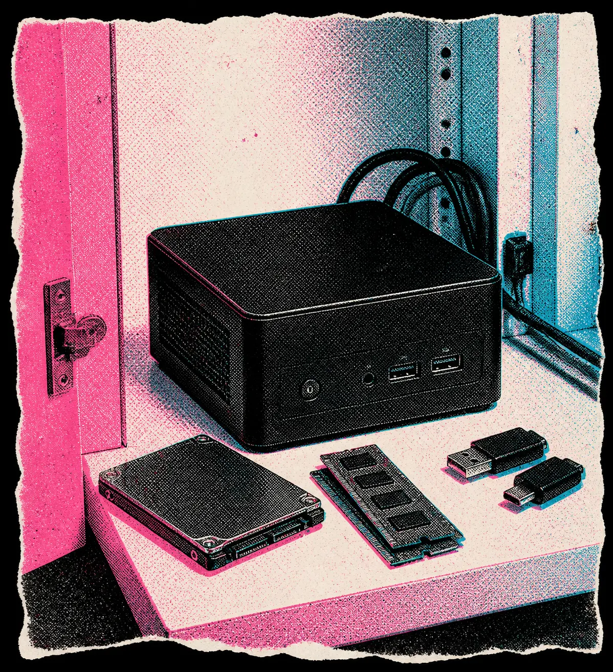 Een naamloze zwarte mini-pc staat in een opgeruimde kast naast een ongelabelde opslagdrive, geheugenmodules en twee generieke USB-adapters.