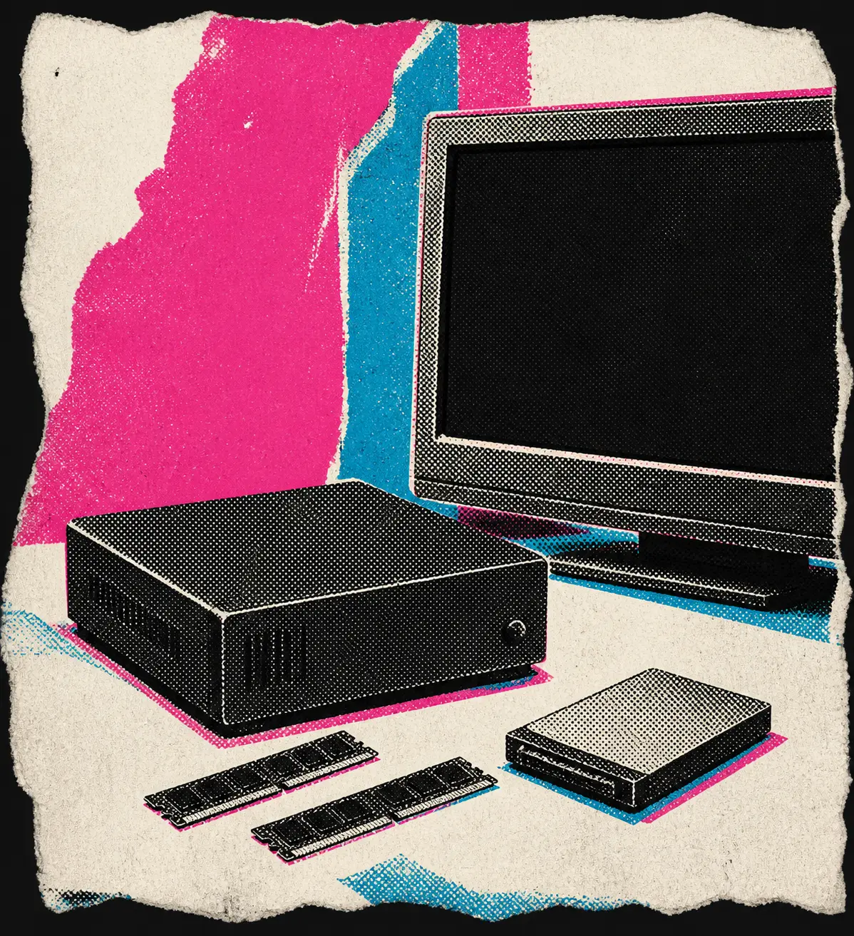 Een generieke zwarte barebones-mini-pc staat naast een leeg televisiescherm, met een ongelabelde schijf en losse geheugenmodules ernaast.