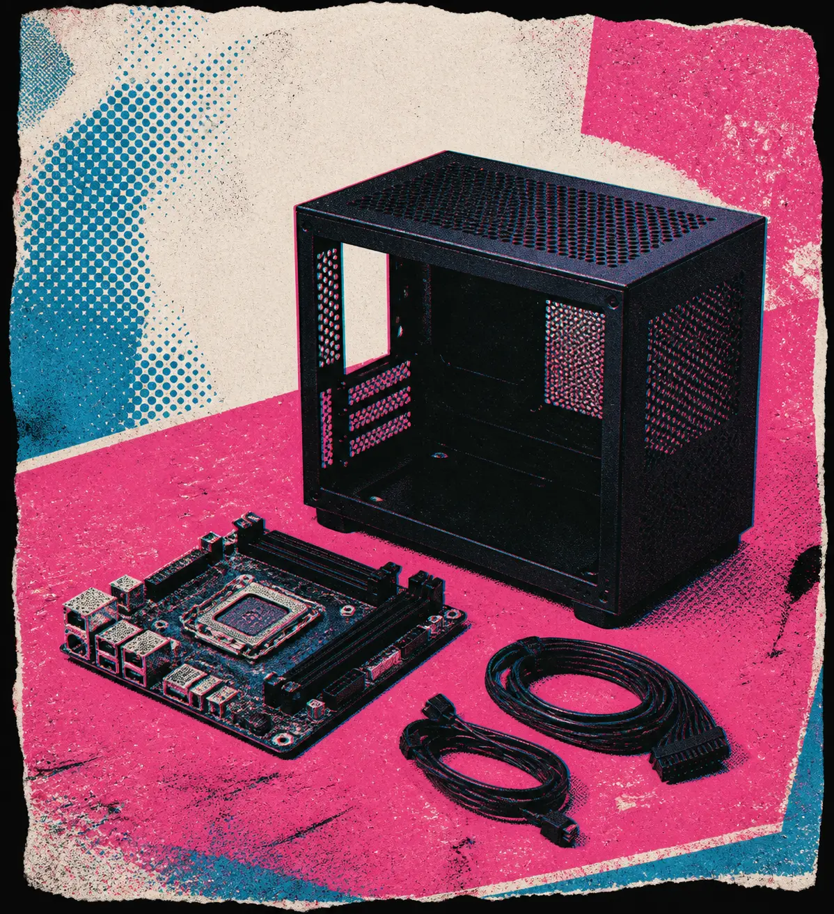 Een compacte zwarte Mini-ITX-behuizing staat open naast een klein moederbord en opgerolde kabels op een ruime werkbank.