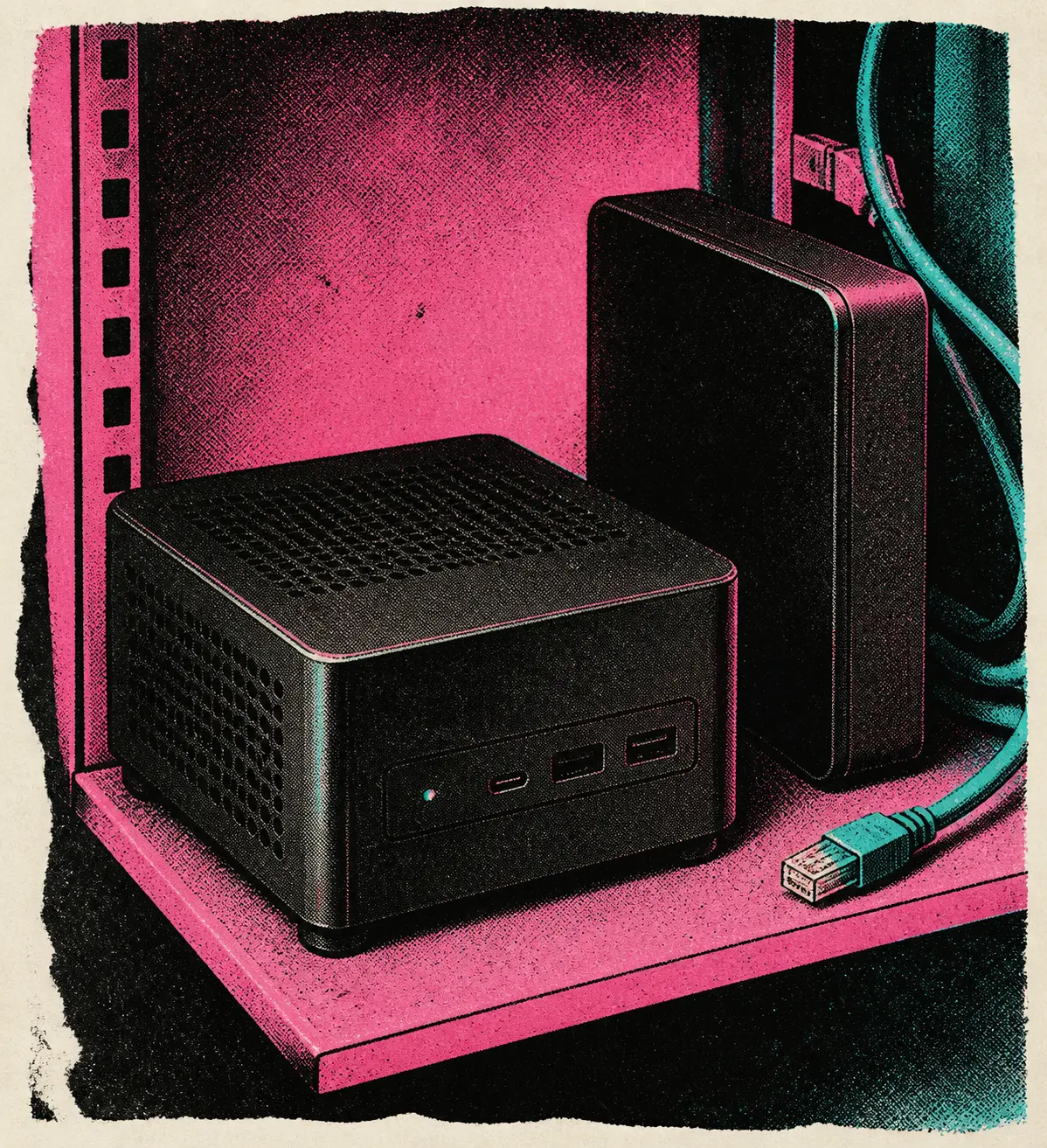 Een generieke zwarte mini-pc staat in een rustige netwerkkast naast een onbeschreven opslagdrive en een ethernetkabel.