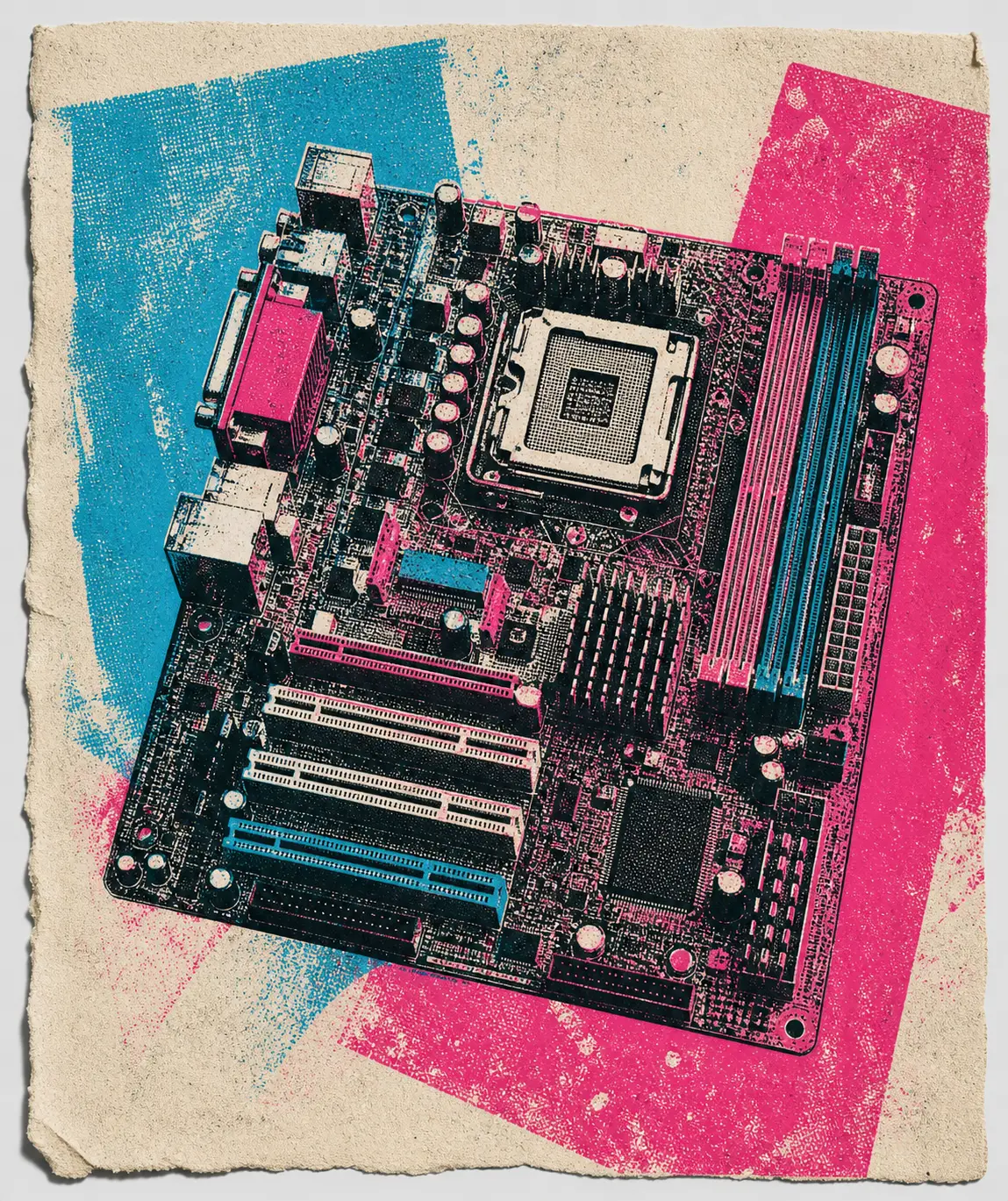 Een generiek moederbord ligt groot in beeld, met de socket, chipsetzone en uitbreidingssleuven duidelijk zichtbaar.