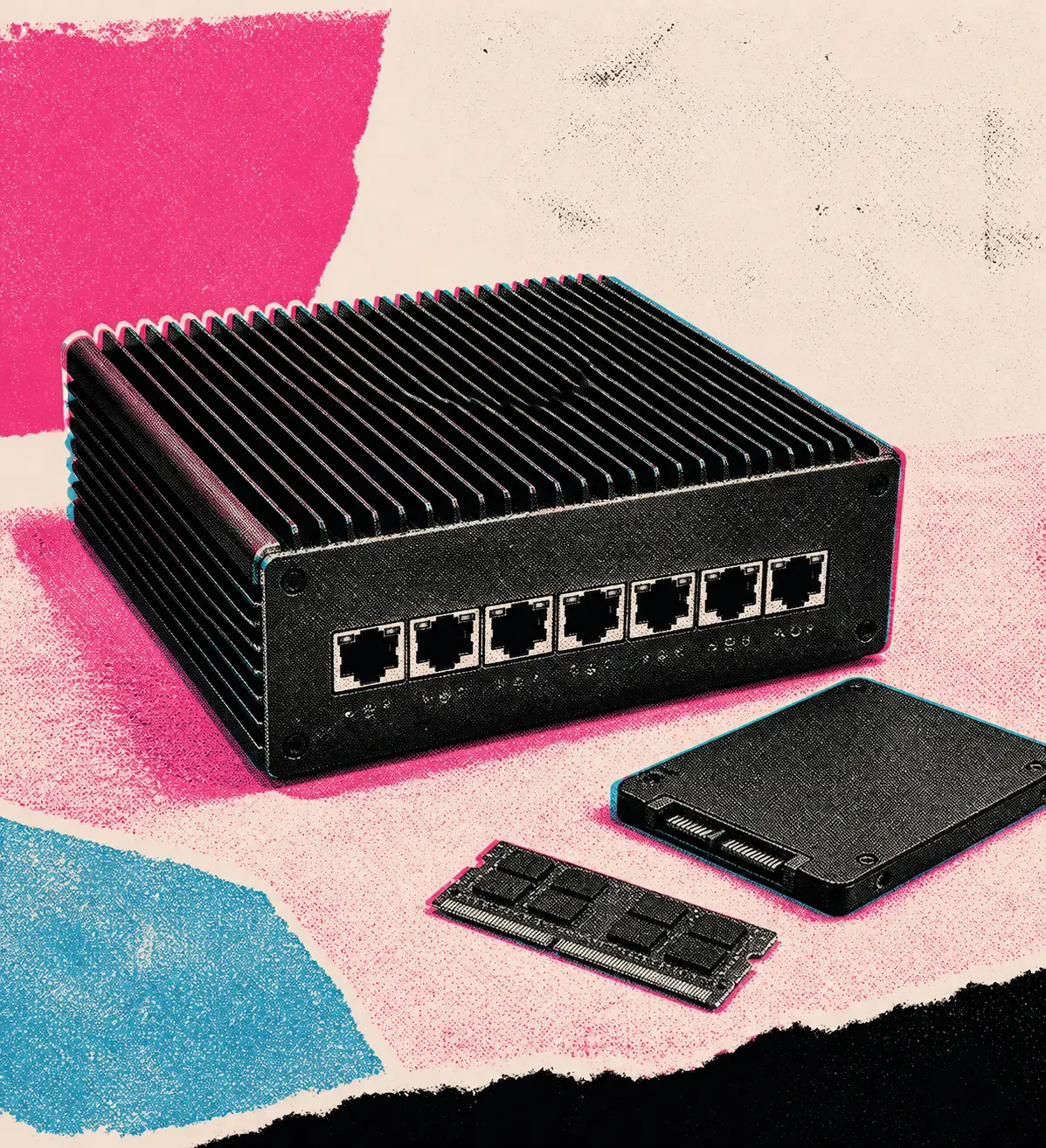 Een generieke zwarte mini-pc met meerdere ongemarkeerde netwerkpoorten staat schuin op een leeg bureau naast een ongelabelde opslagmodule en een geheugenmodule.