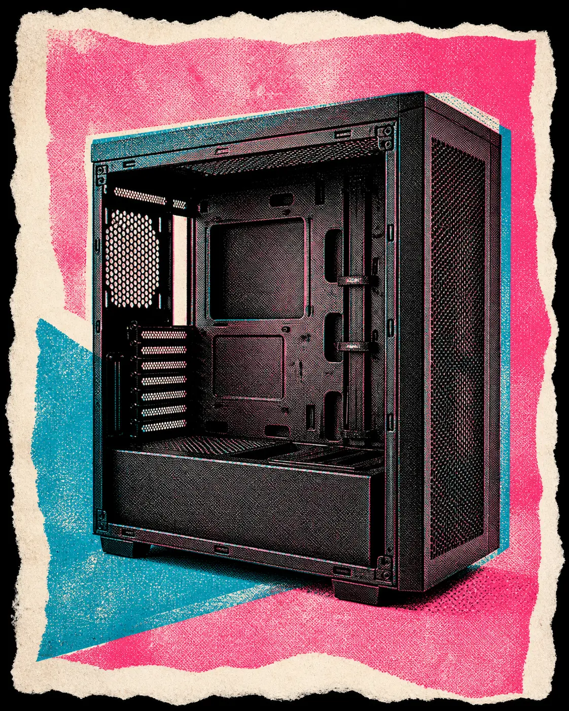 Een naamloze zwarte pc-behuizing staat groot in beeld met het zijpaneel verwijderd, waardoor de ruime binnenkant, kabelkanalen, moederbordplaat en ventilatieopeningen zichtbaar zijn.
