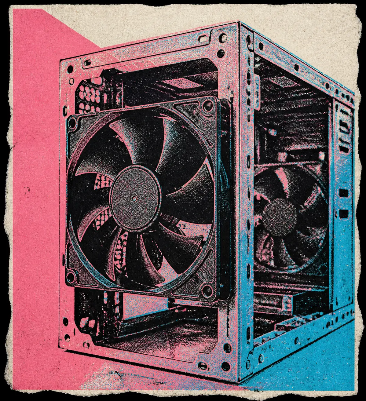 Een grote zwarte generieke pc-kastventilator is gemonteerd in een open, merkloze computerkast, met een tweede ventilator op de achtergrond.