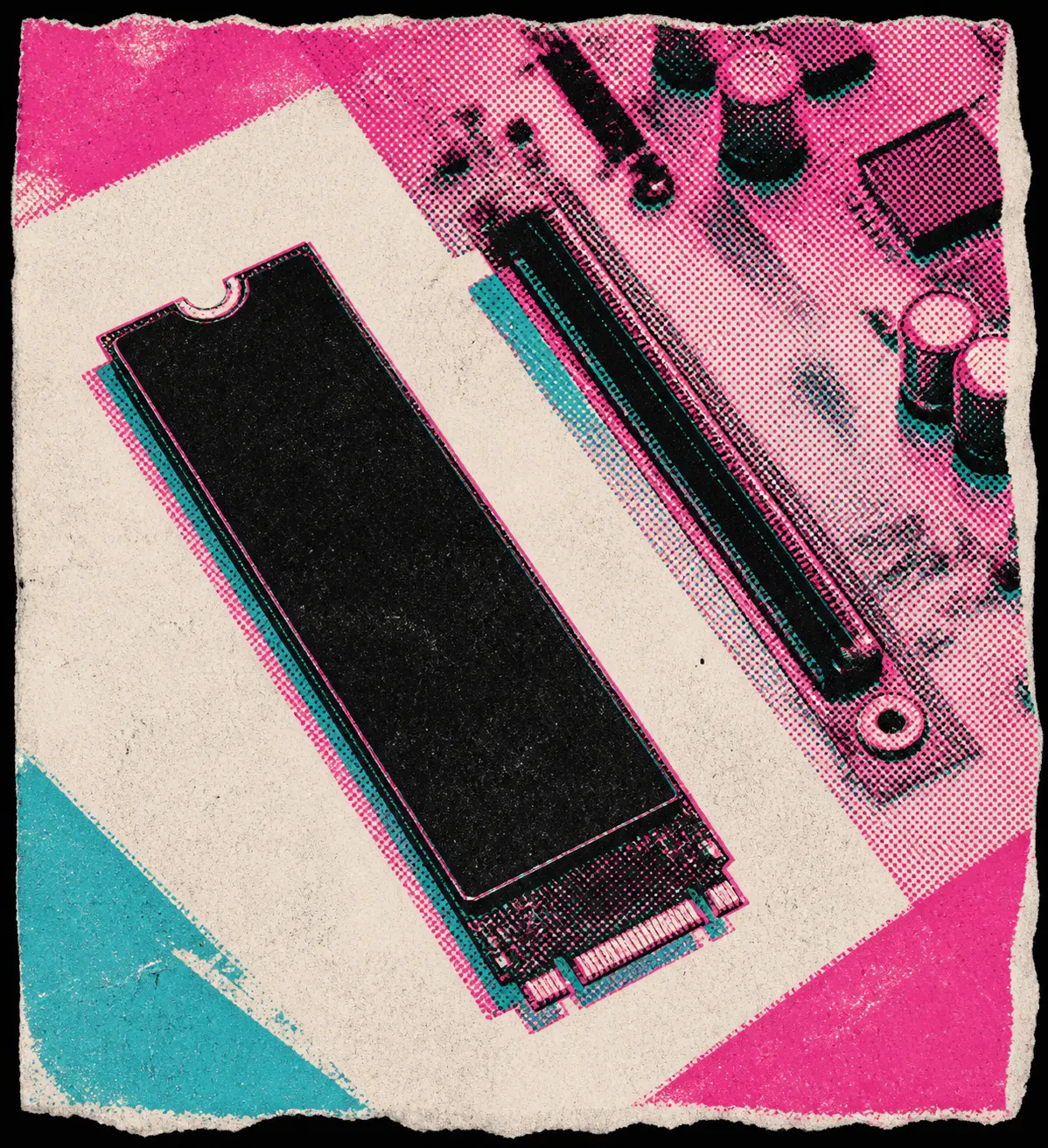 Een naamloze zwarte M.2-ssd ligt naast een leeg slot op een generiek moederbord.